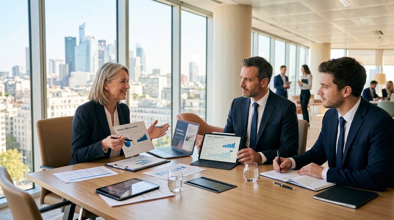 Deux dirigeants en costume se serrant la main dans un bureau moderne et lumineux, symbolisant la confiance et le passage de relais.