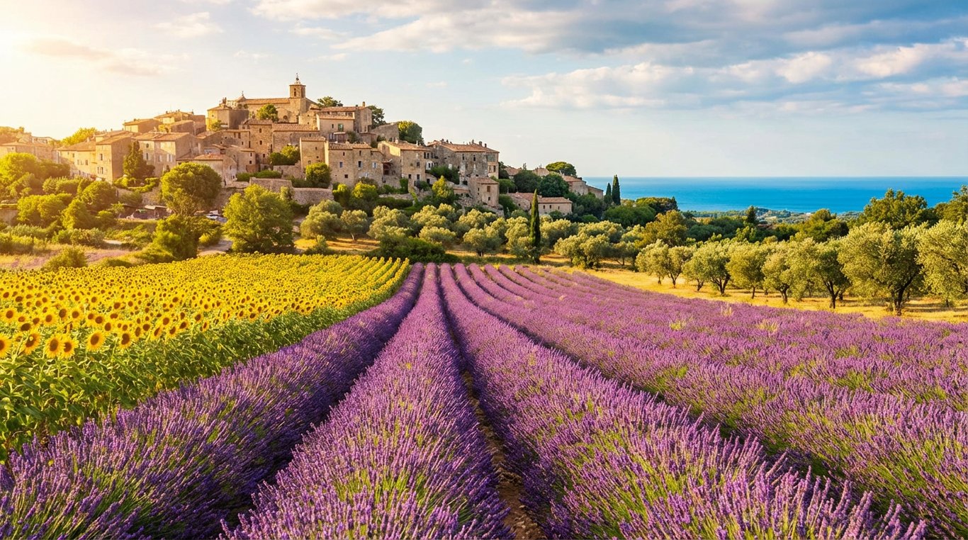 Paysage ensoleillé des champs de lavande en Provence