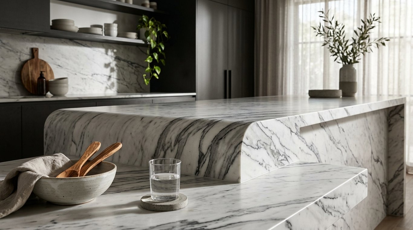 Table en marbre de Carrare — gros plan sur les nervures sombres