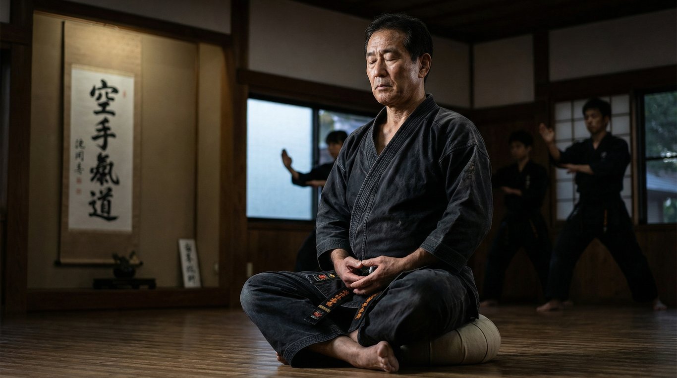 Portrait en noir et blanc de Senseï Kenji Takahashi, maître de karaté au regard déterminé