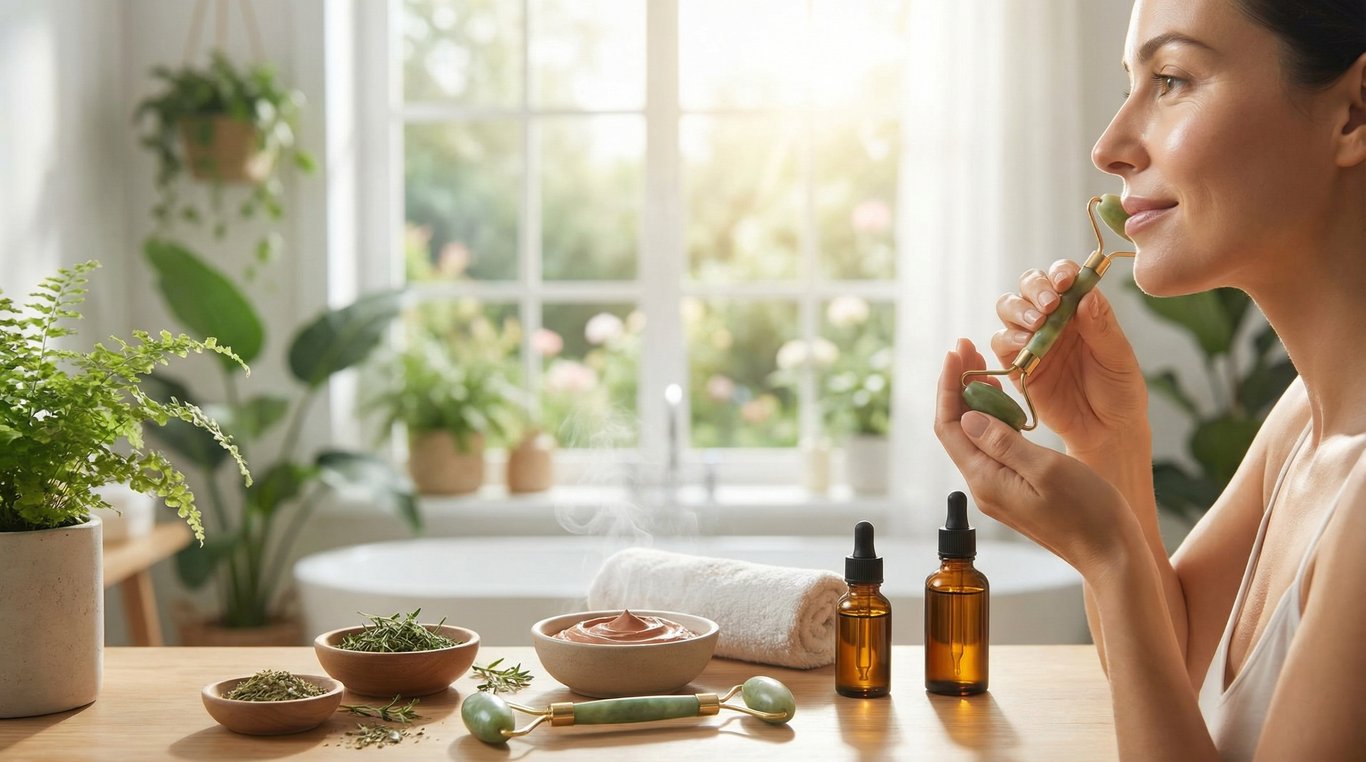 Femme appliquant de l'huile sur son visage