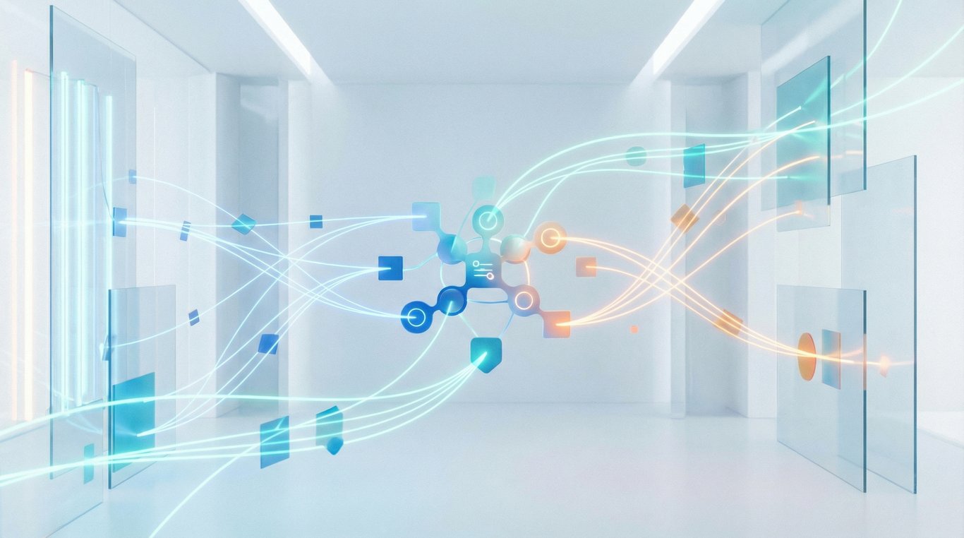 Illustration 3D isométrique montrant des tuyaux de verre connectant des logos de services populaires vers un cube central lumineux