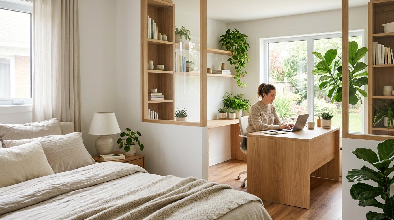 Bureau à domicile lumineux avec plantes purifiantes