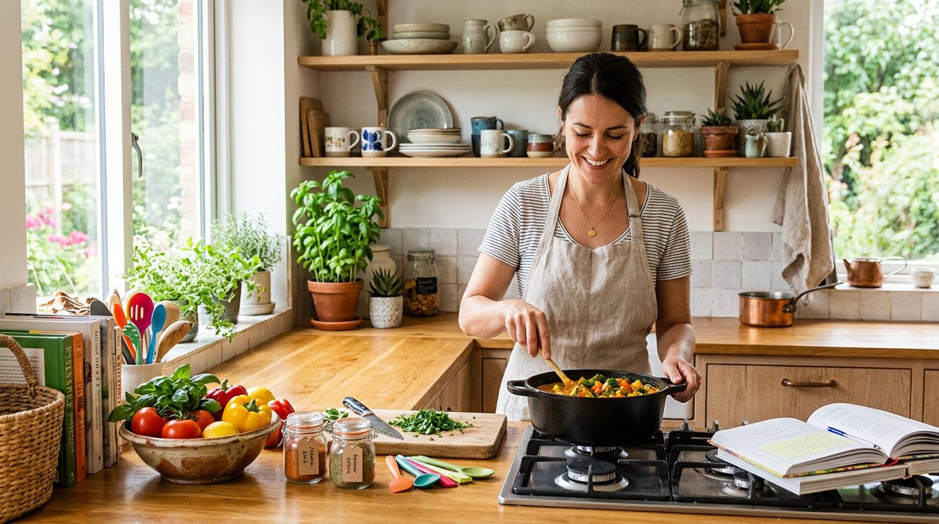 Plan de travail de cuisine décoré avec des herbes aromatiques, planches à découper et magazine ouvert
