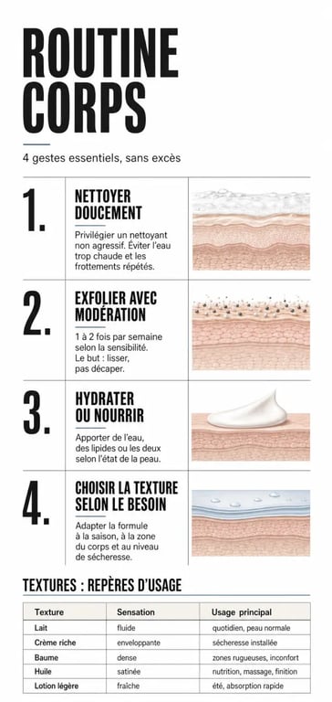Infographie sur le soin corps : routine complète, étapes et textures à choisir selon la peau