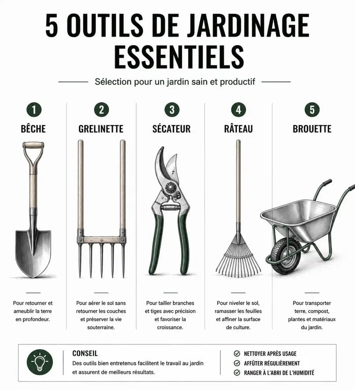 Infographie des outils de jardinage indispensables pour entretenir son potager et son jardin