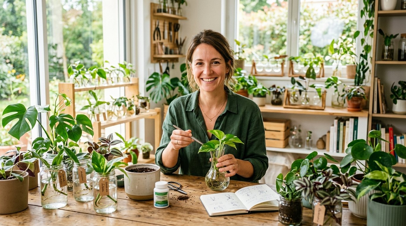 Photo de Camille Dubois souriante dans une serre avec des plantes tropicales
