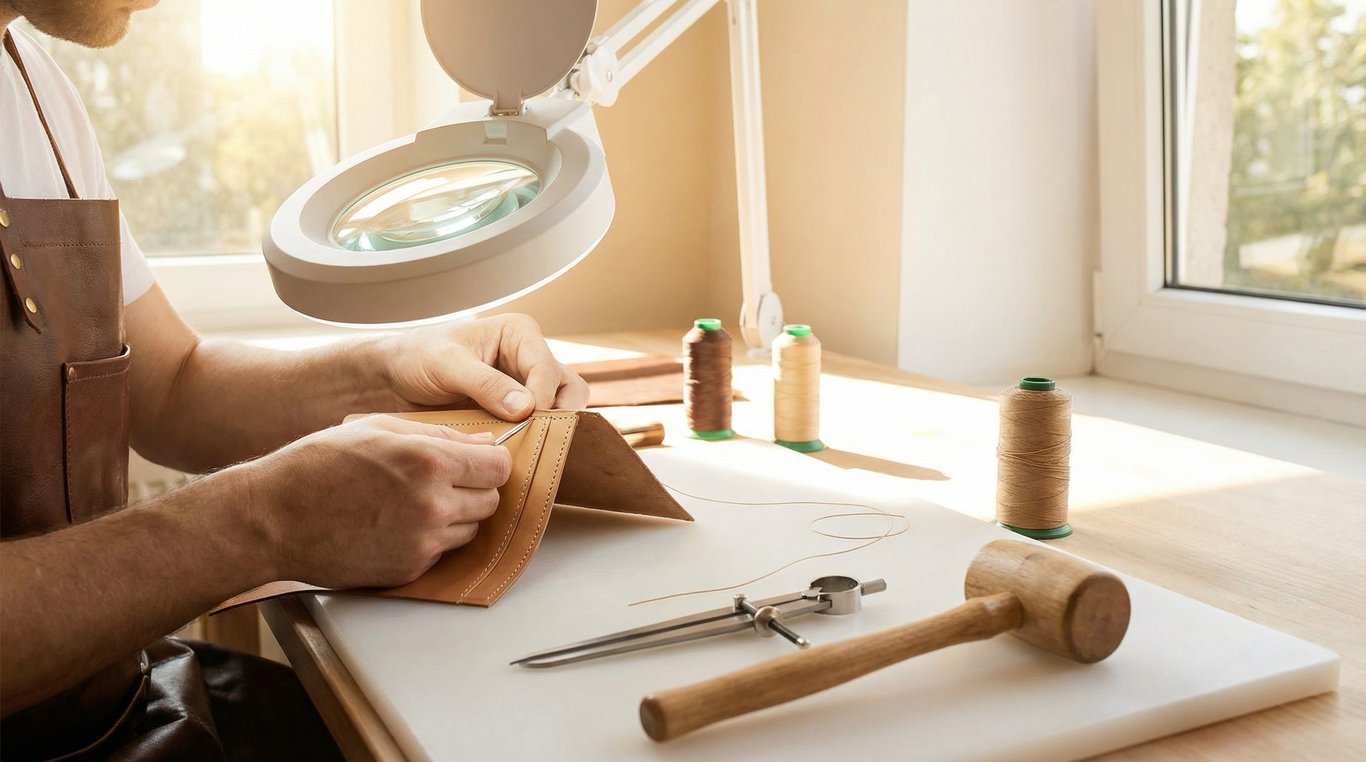 Plan de travail d'un artisan ébéniste avec des outils traditionnels, des copeaux de bois et des croquis techniques d'une fenêtre