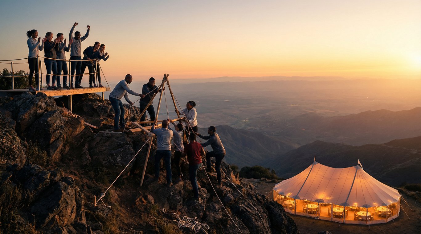 Groupe de collègues en combinaison de pilote riant et célébrant avec un trophée devant des quads alignés, ambiance conviviale et énergique