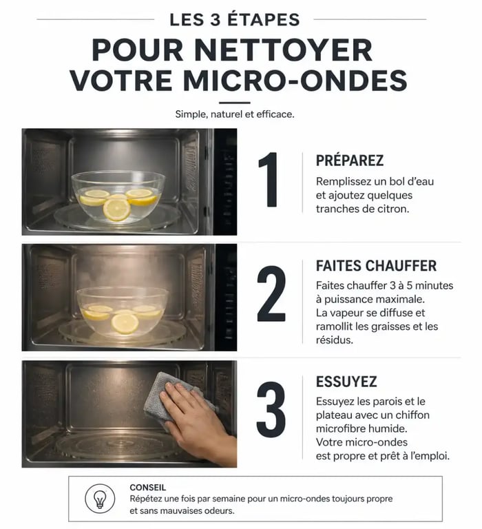 Infographie des étapes de nettoyage d'un micro-ondes avec citron et vapeur