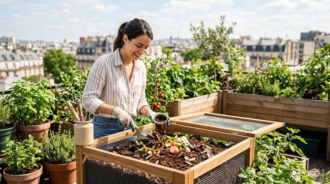 Composition esthétique montrant des épluchures de légumes et du terreau riche
