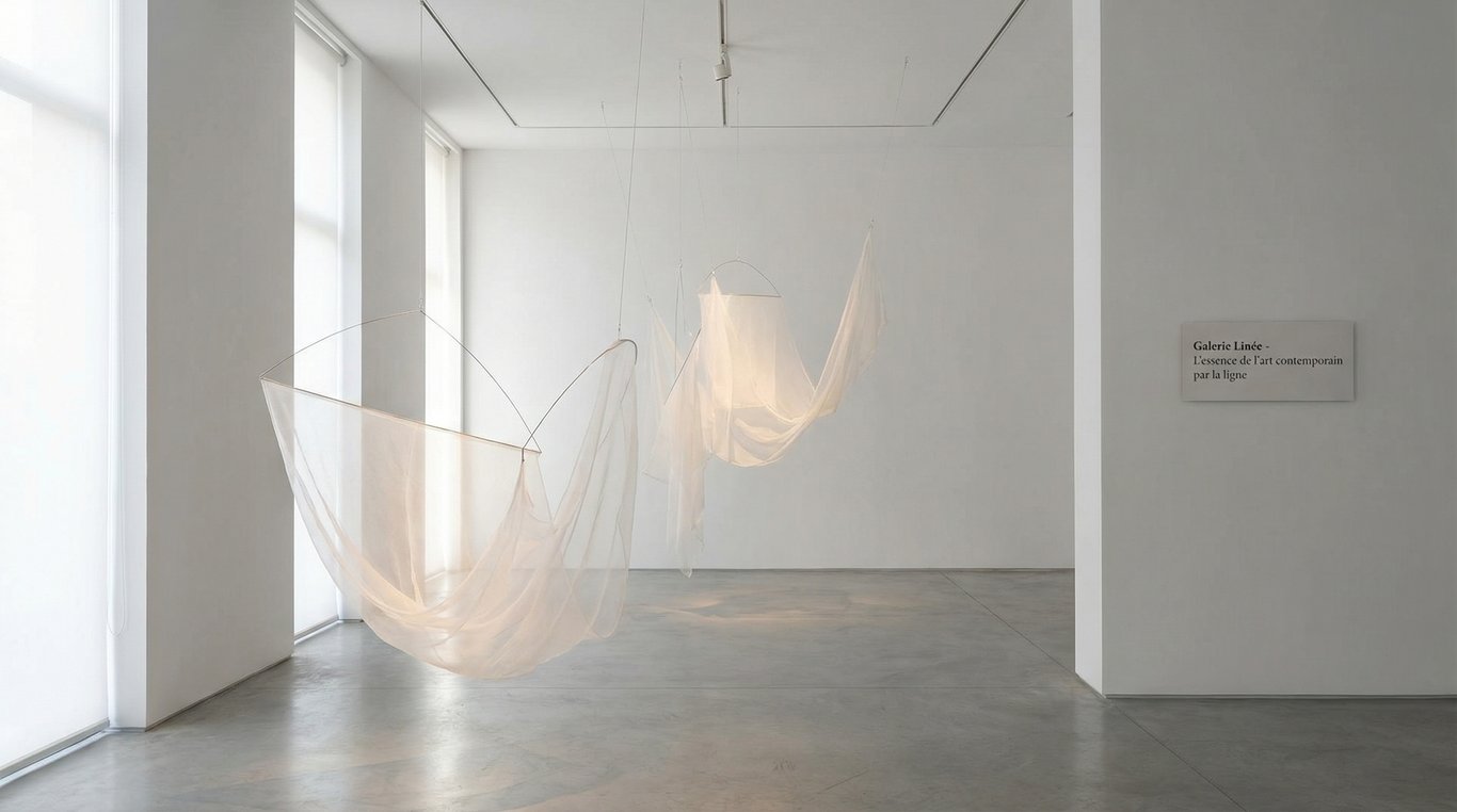 Œuvre phare de l'exposition 'Contours de l'invisible' : installation abstraite mêlant matériaux légers