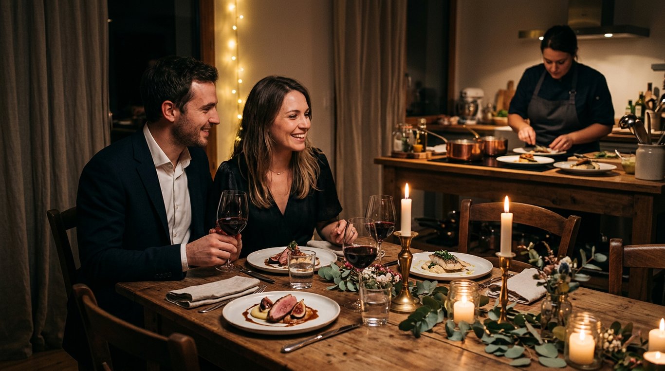 Table élégante dressée pour un dîner romantique, bougies allumées et assiettes fines