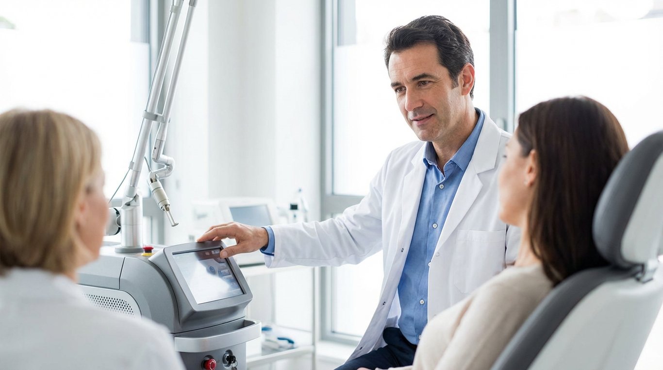 Portrait professionnel du Dr Louis Bérard en blouse blanche dans un cabinet médical lumineux