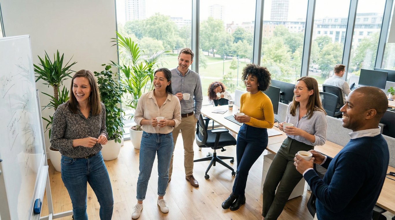 Groupe d'amis autour d'un feu de camp près d'un lac, van aménagé en arrière-plan avec des guirlandes lumineuses