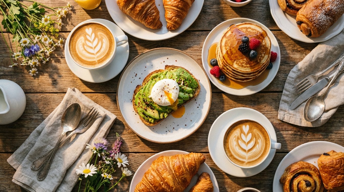 Une table en bois joliment dressée présentant un festin de brunch avec avocado toast, pancakes et café latte