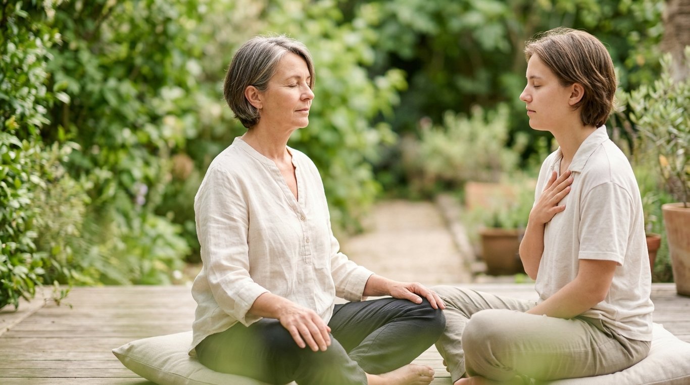 Atelier de méditation en groupe dans un cadre lumineux.