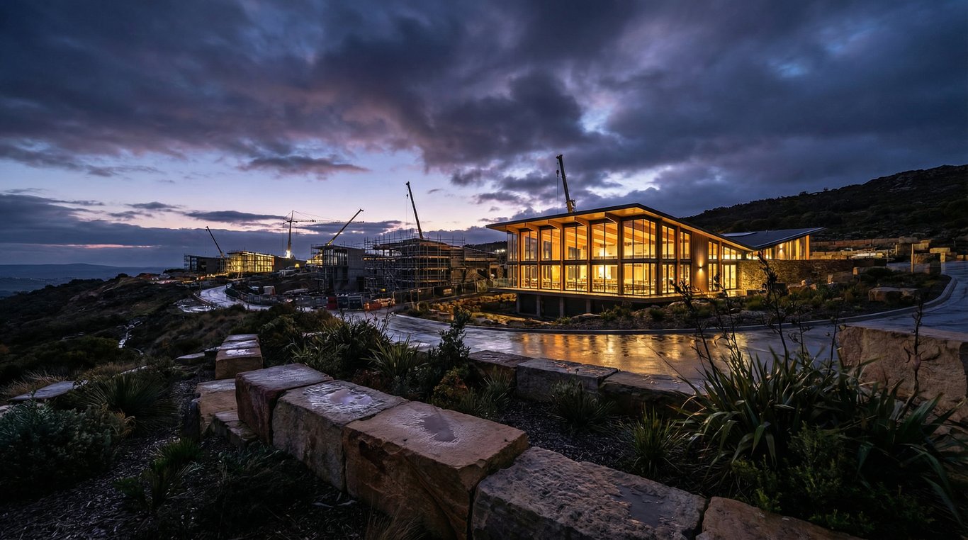 Intérieur d'un musée moderne, murs blancs, lumière zénithale, géométrie parfaite