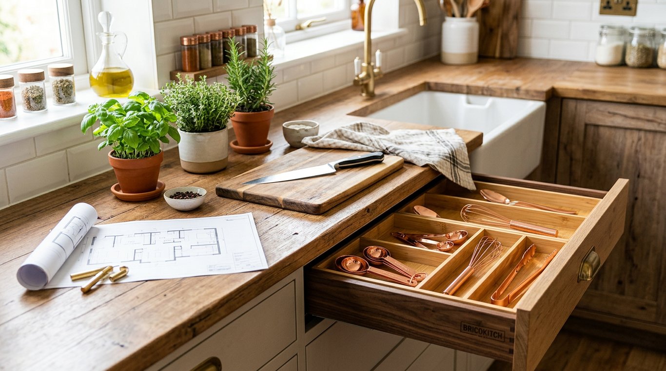 Îlot central de cuisine style industriel avec tabourets en métal