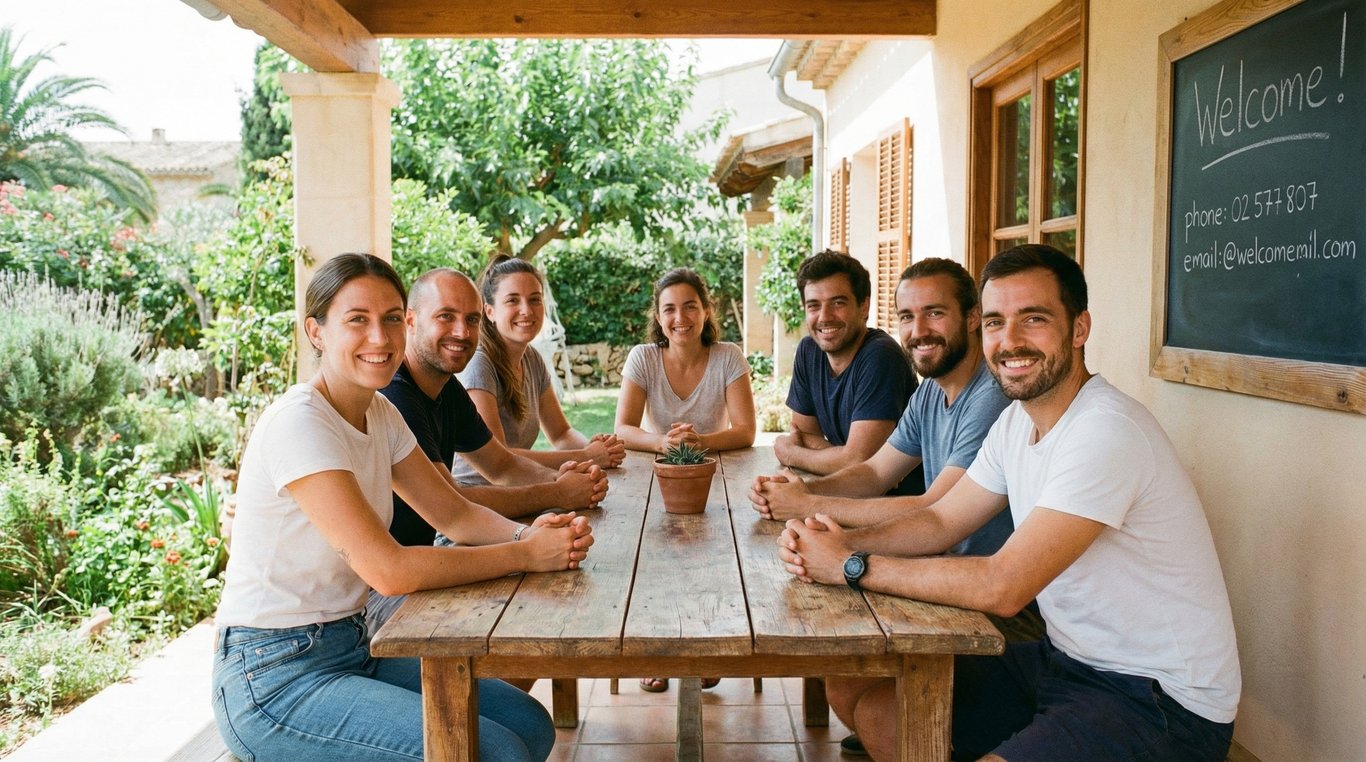 Bureau minimaliste avec affiche botanique vintage, enveloppes kraft, plante pothos tombante