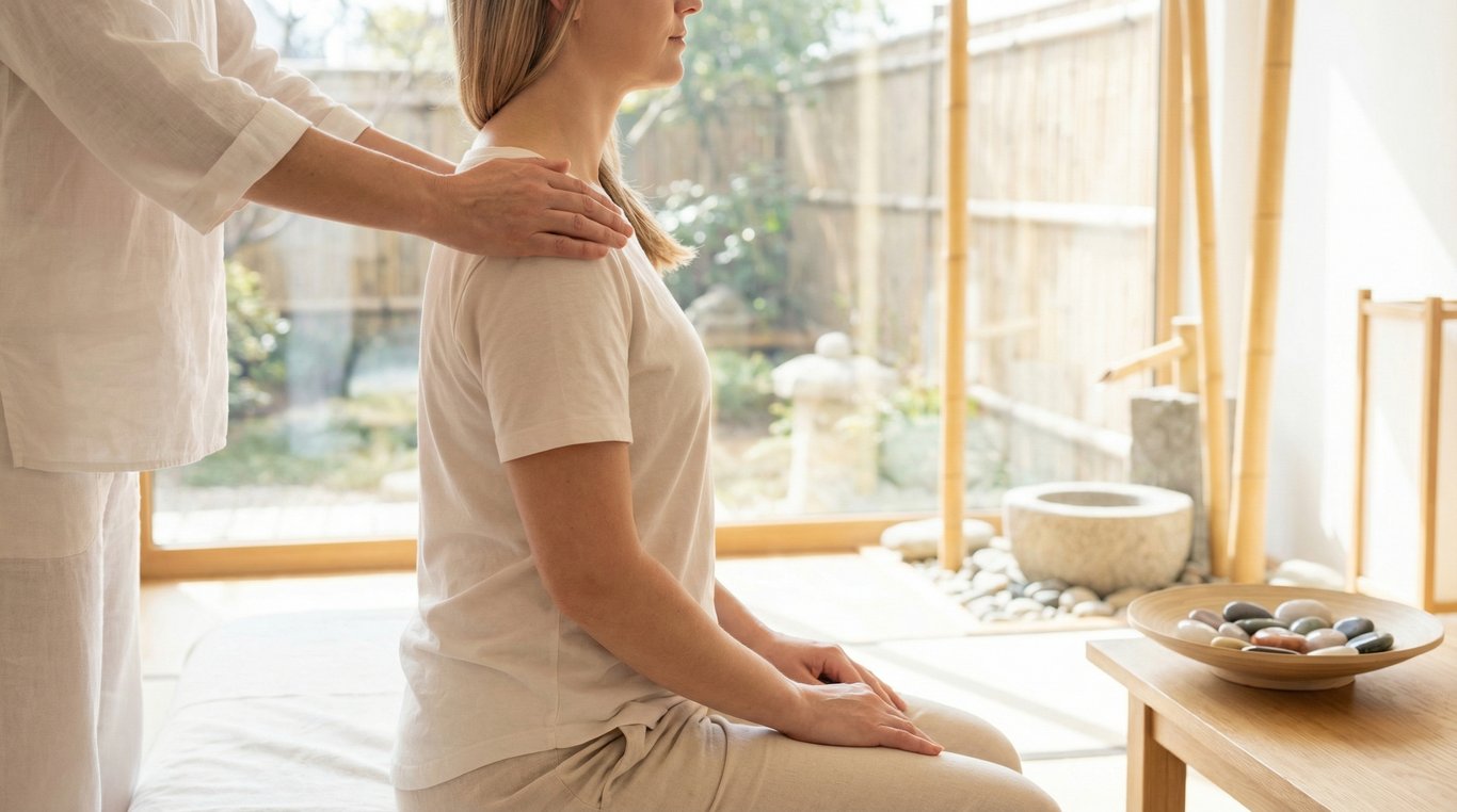 Mains de praticien au-dessus de cristaux de quartz avec une aura lumineuse