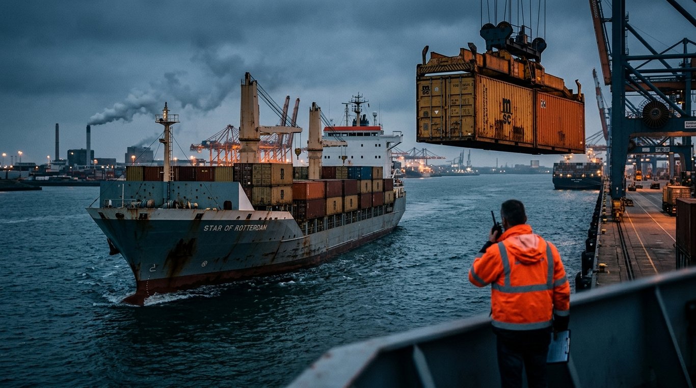 Port industriel de nuit, conteneurs empilés