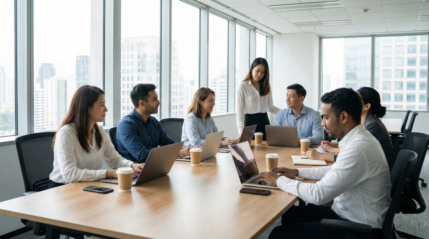 Portrait de groupe en noir et blanc de l'équipe Startup Guides, style corporate sérieux, vêtements noirs, fond blanc, regardant l'objectif, composition rigoureuse.