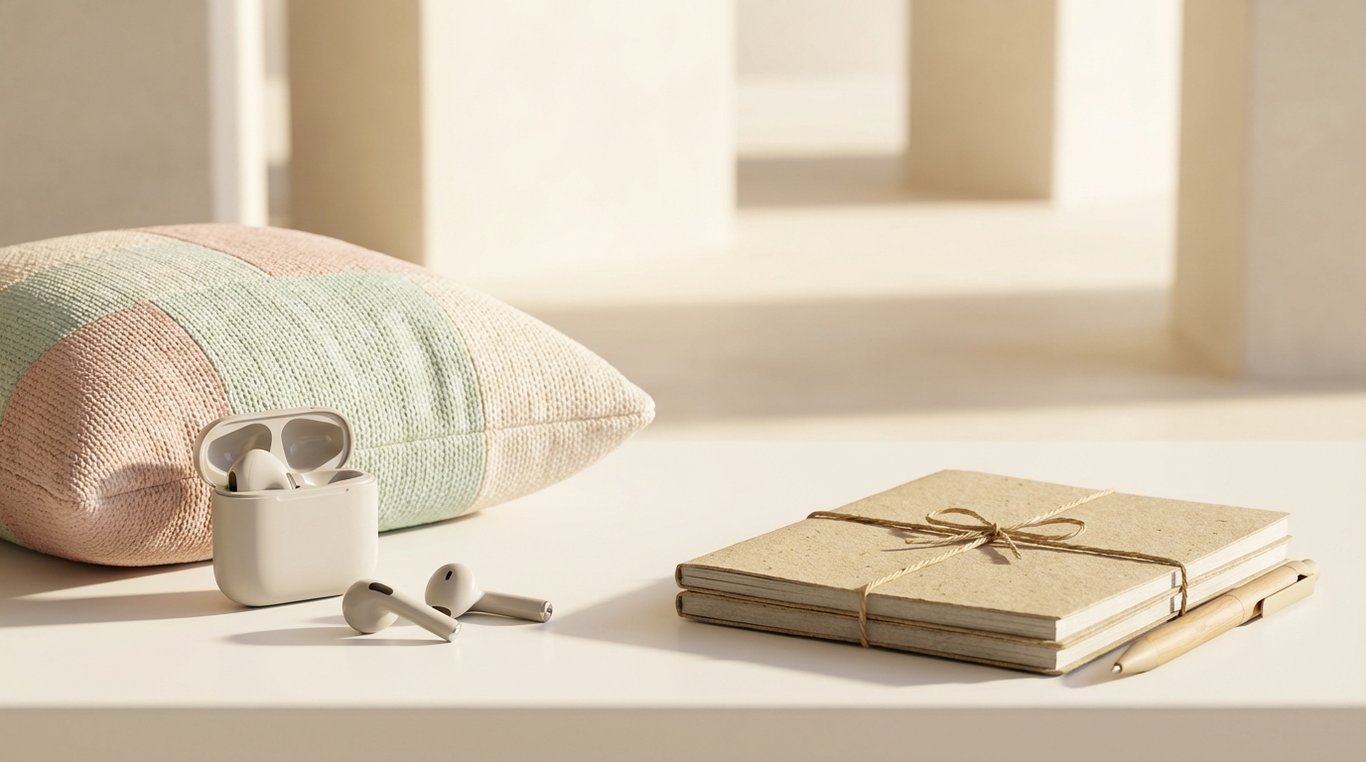 Contenu de la box novembre 2025 : écouteurs sans fil, coussin décoratif pastel, bloc-notes recyclé