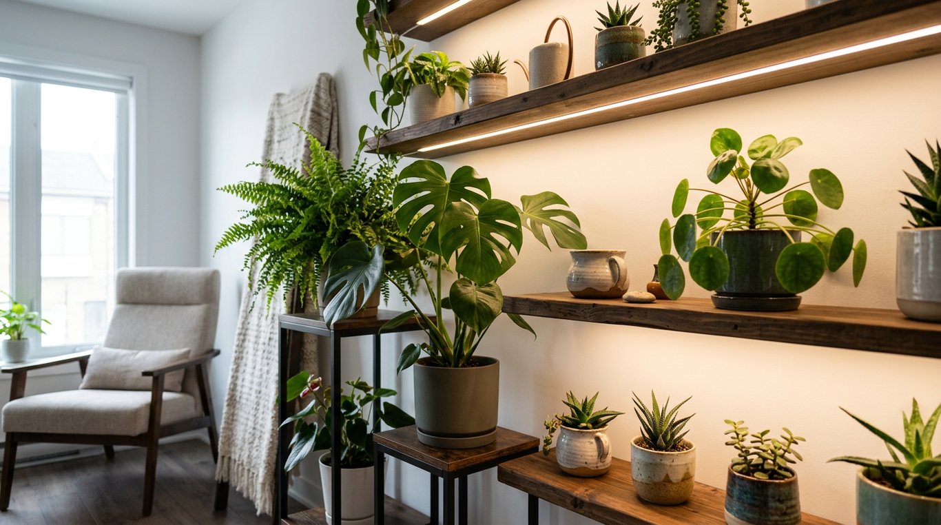 Détail d’un terrarium artisanal avec roches volcaniques et succulentes
