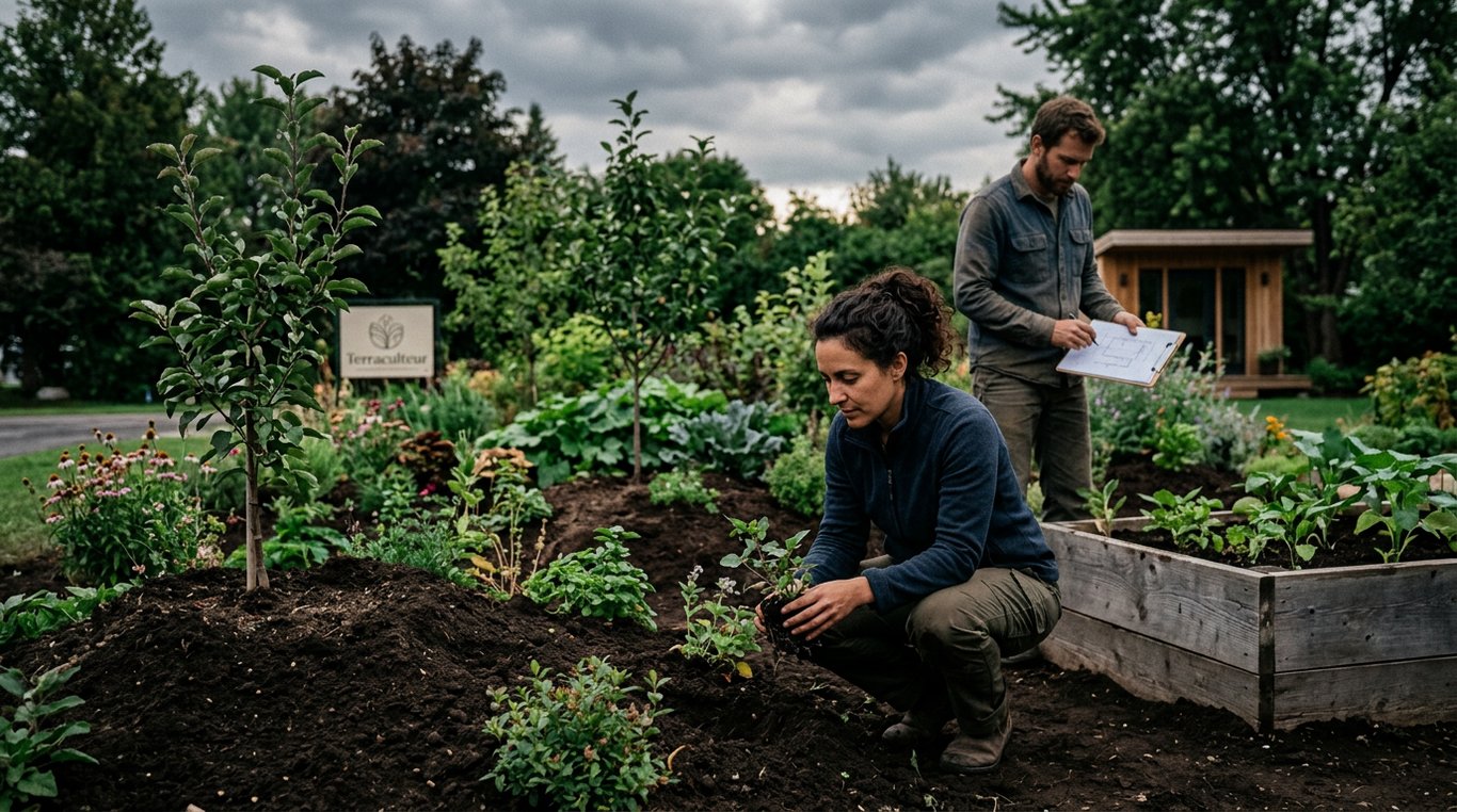 Jardin nourricier rural après aménagement avec bacs surélevés et végétation luxuriante