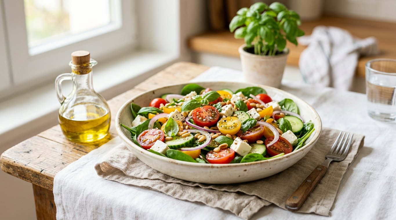 Salade fraîcheur aux tomates cerises joliment présentée dans un bol en céramique