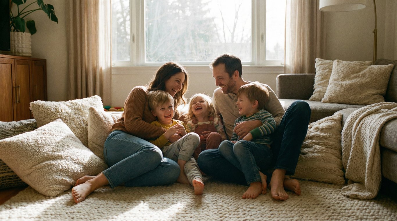 Famille heureuse riant ensemble sur un tapis douillet