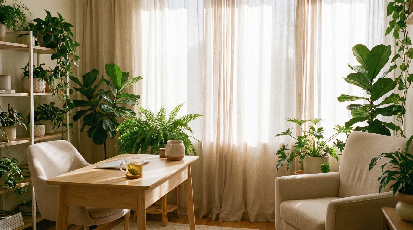 Cabinet de naturopathie lumineux et apaisant avec plantes vertes