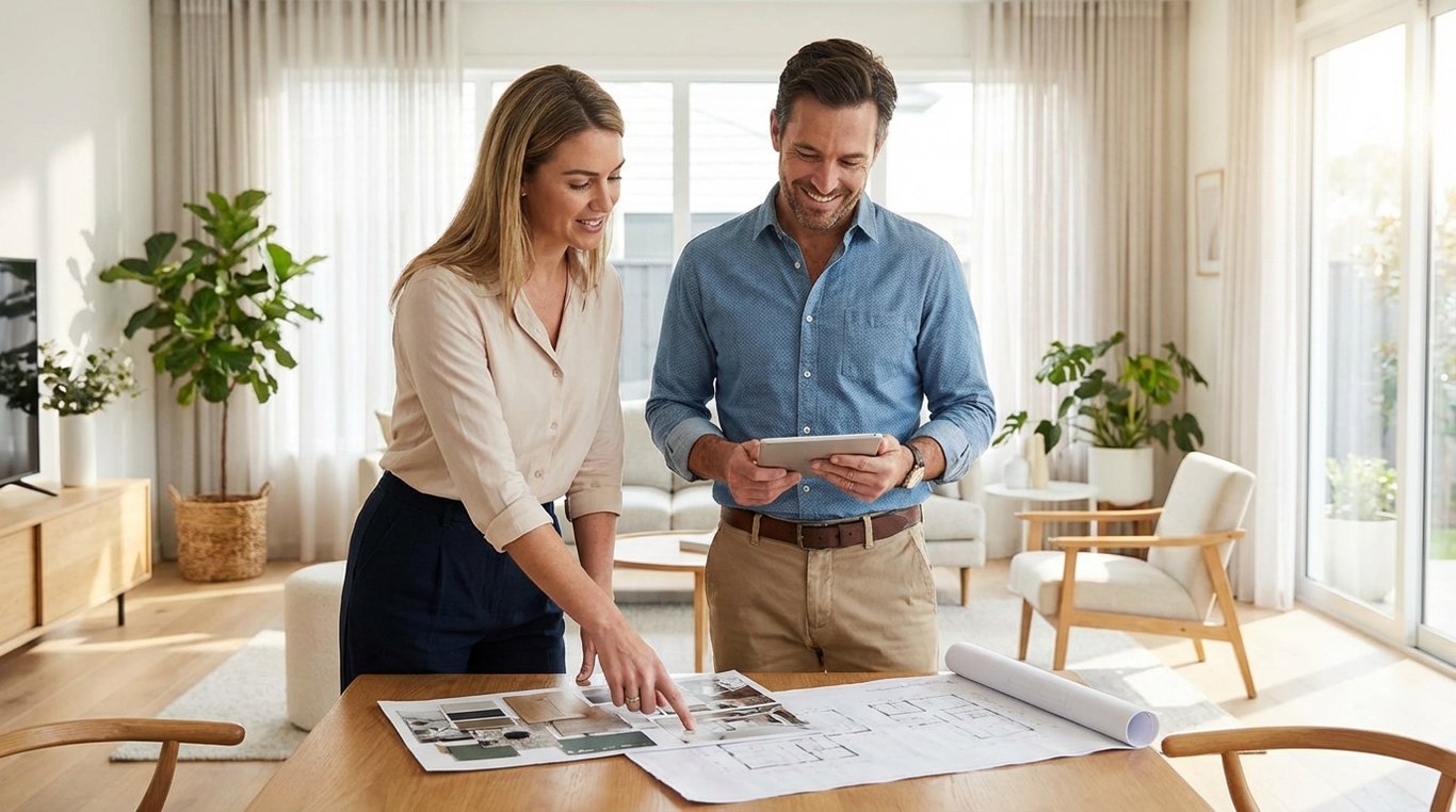 Bureau d'architecte avec échantillons de tissus et plans