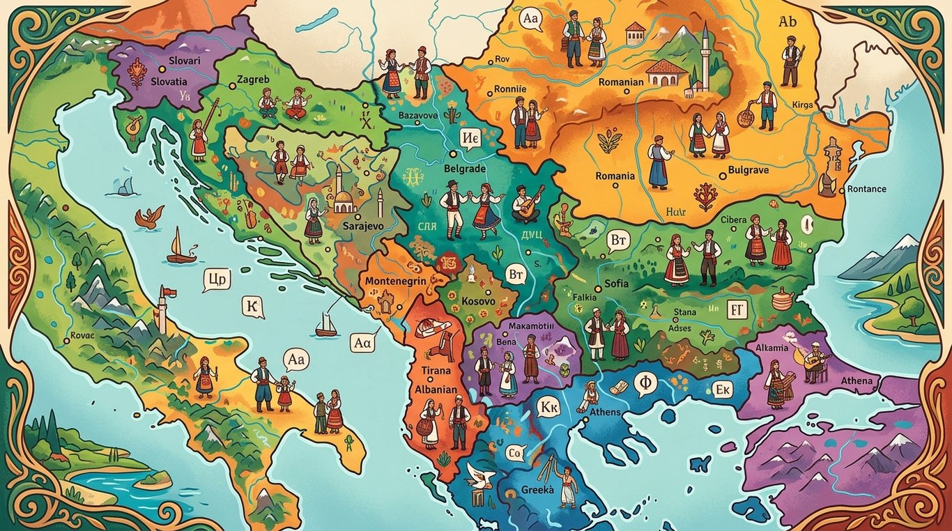 Carte illustrée des Balkans avec zones linguistiques et ethnographiques