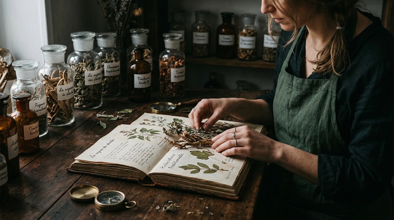 Herboriste préparant des plantes séchées dans un atelier lumineux