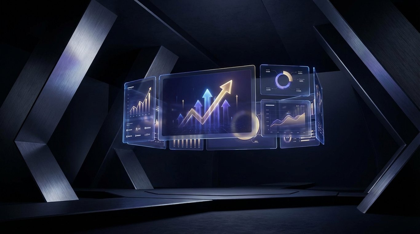 Tableaux de bord holographiques flottant dans l'espace affichant des courbes de croissance exponentielles et des statistiques positives en vert fluo