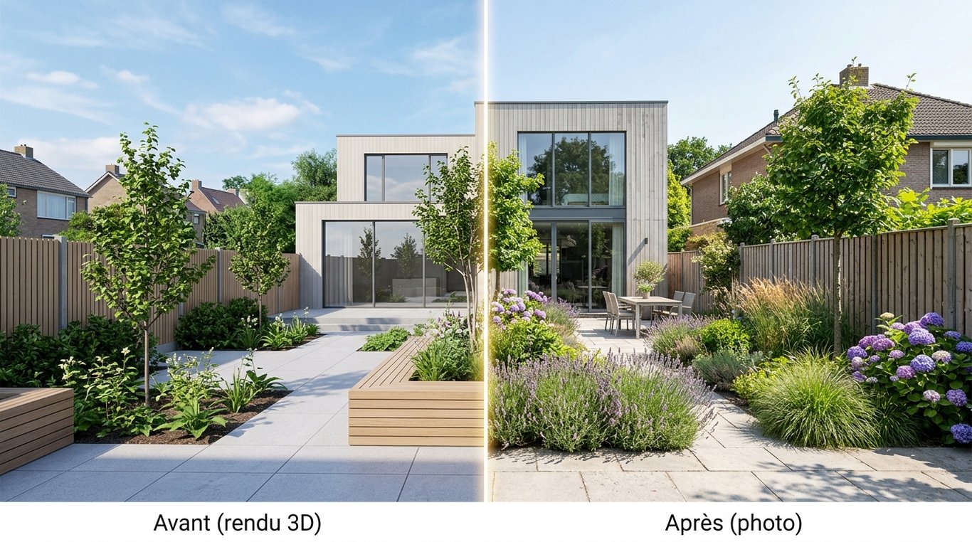 Rendu 3D d’une terrasse méditerranéenne avant travaux, avec pergola et zones de plantation.