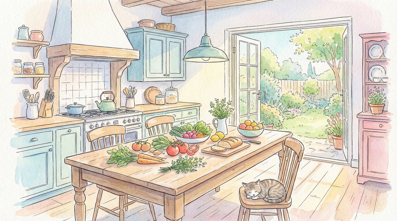 Illustration d'une cuisine rustique ouverte sur un jardin avec des ingrédients frais