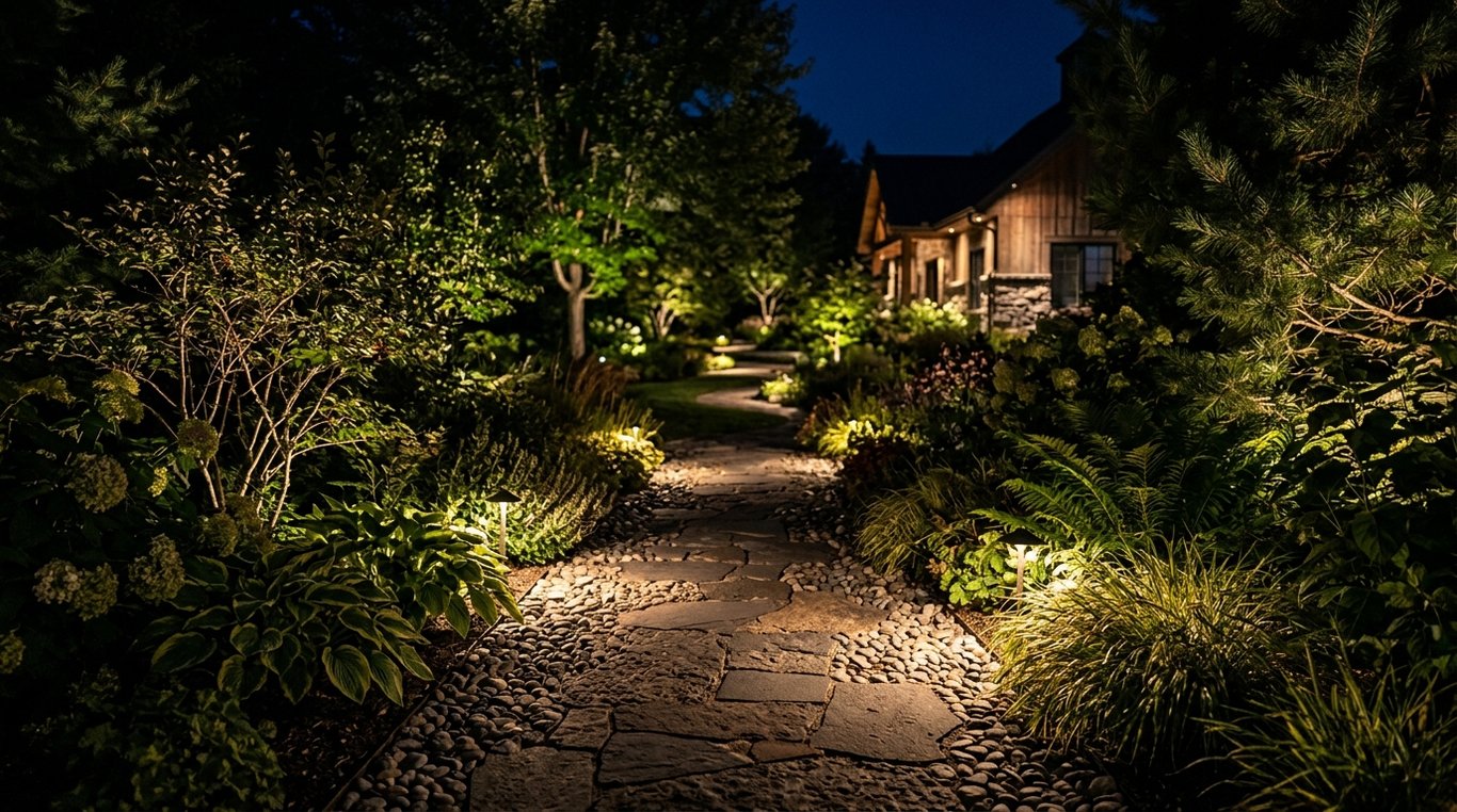 Photo avant : allée peu mise en valeur le soir.