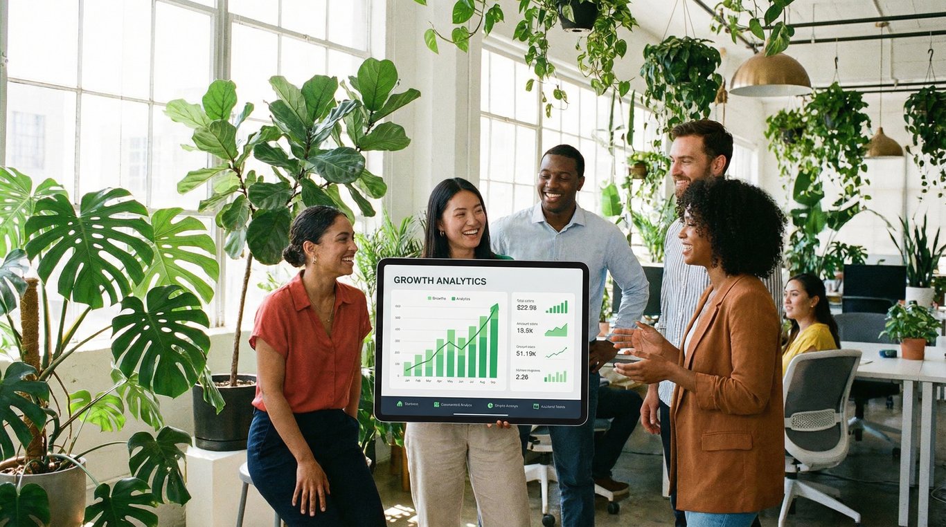 Équipe professionnelle EkoScale collaborant sur des stratégies de croissance durable dans un bureau moderne et lumineux