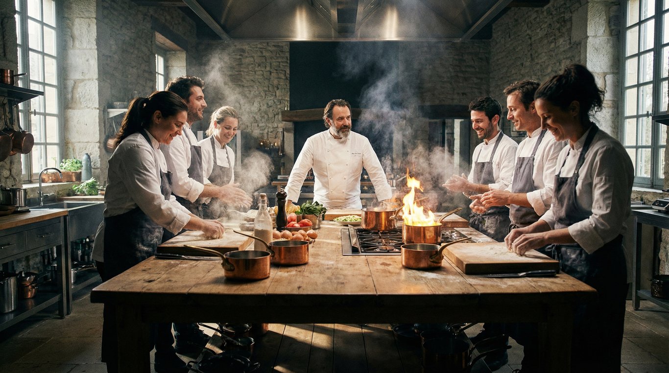 Gros plan sur les mains d'un élève utilisant un syphon culinaire sous la supervision d'un chef, ambiance studieuse et passionnée