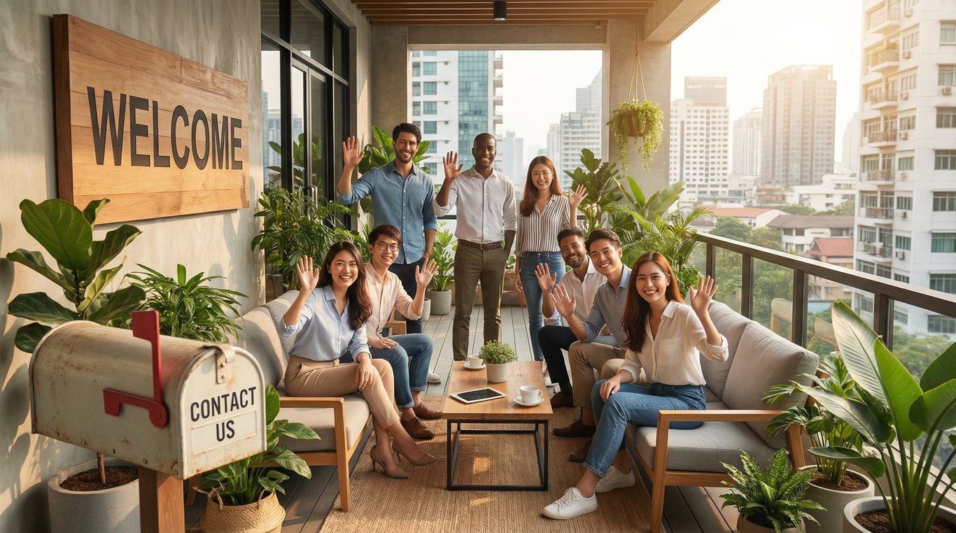 Vue d'un hall d'accueil d'entreprise moderne avec un comptoir design et une personne à l'accueil accueillante.