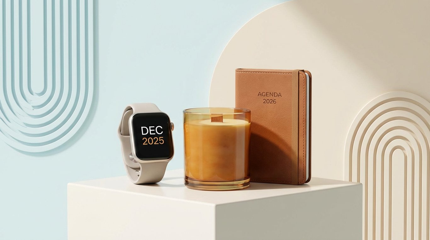 Contenu de la box décembre 2025 : montre connectée, bougie parfumée artisanale, agenda 2026