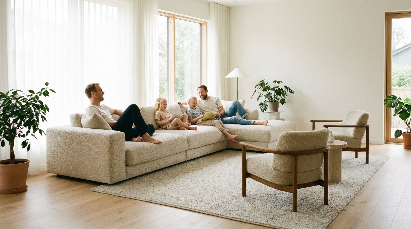 Salon moderne et lumineux avec famille confortable