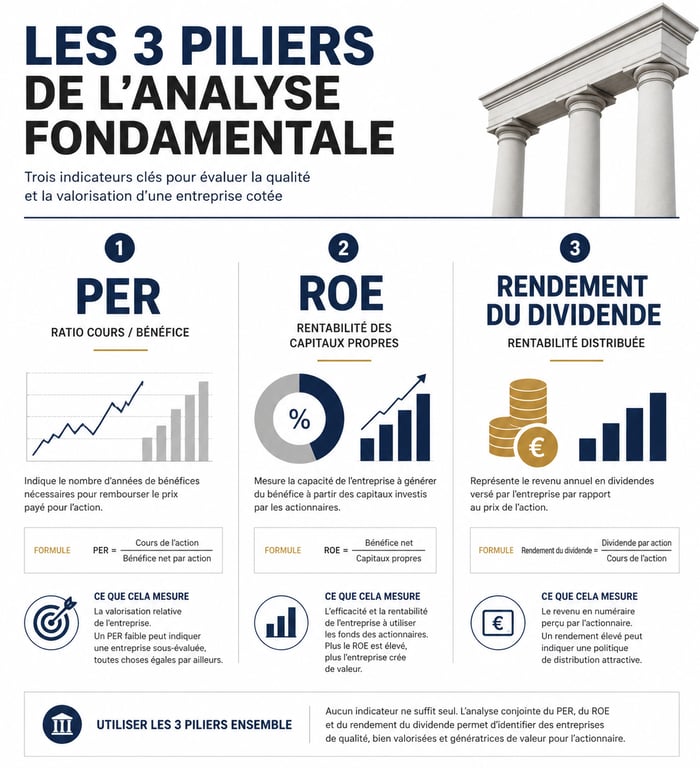 Infographie des indicateurs de la meilleure action en bourse : PER, ROE et dividendes