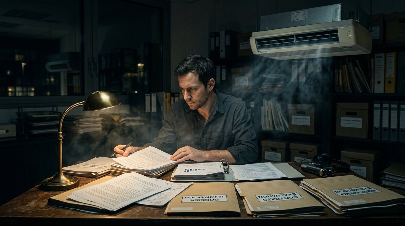 Photographie dramatique en milieu urbain nocturne pour l’enquête L’air conditionné du mensonge