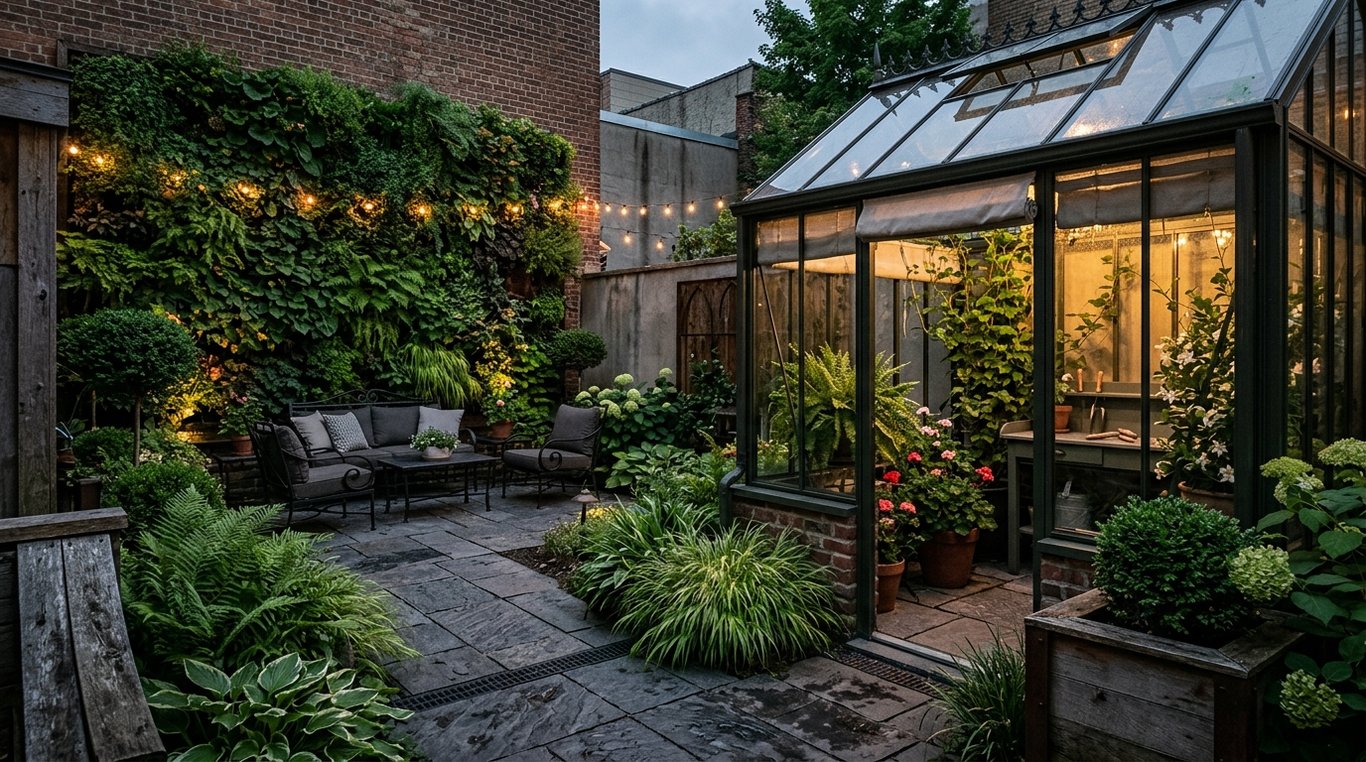 Patio urbain verdoyant avec mur végétal dense et éclairage tamisé