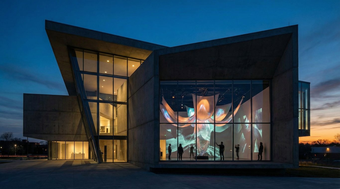 Espace culturel avec architecture géométrique, murs blancs et lumière naturelle