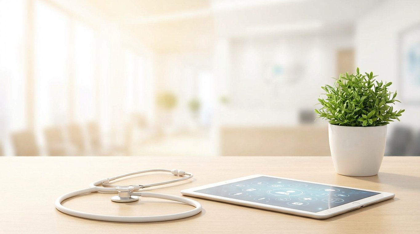 Médecin utilisant une tablette dans un cabinet moderne avec interface de gestion visible